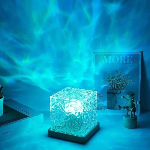 Ocean Wave Projector Lamp 3D Water Wave Effect Romantic LED Night Light Remote Control USB Crystal Table Lamp for Home Decor, Bedroom & Gift, Multicolor Light (Cube Shape)