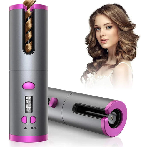 Hair Curler - Cordless Automatic Hair Curler Portable Curling Iron With LCD Temperature Display Fast Heating Auto Rotating Hair Curler USB Rechargeable For Travel Home, Grey and Pink