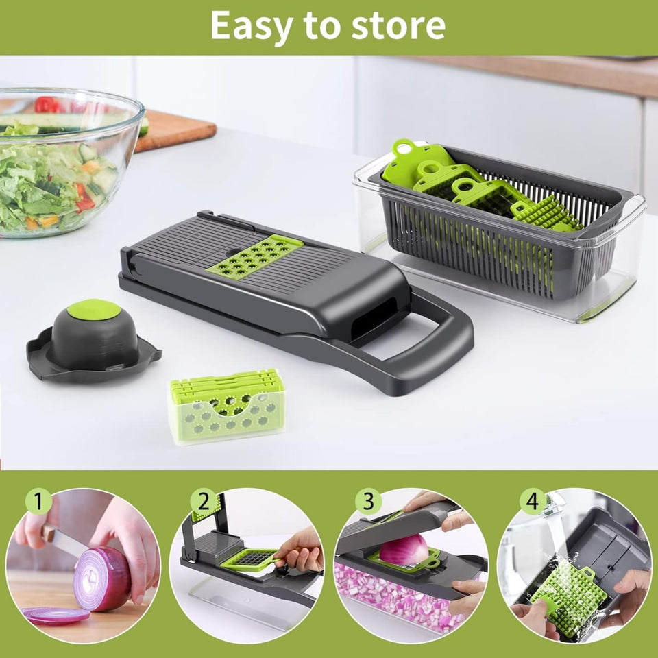 Vegetable Chopper | Veggie Chopper| 14 in 1 Multifunctional Food Chopper | Onions Chopper Mandoline Slicer | Rapid Vegetable Cutter Dicer | Kitchen Gadgets with 8 Stainless Steel Blade Drain Basket & Container