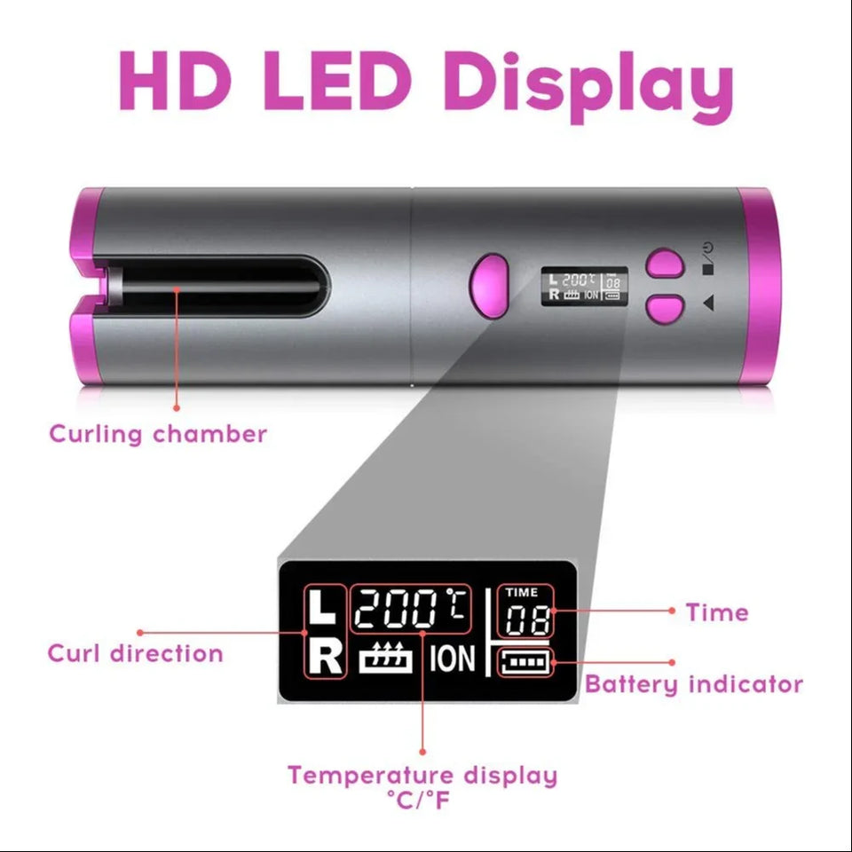 Hair Curler - Cordless Automatic Hair Curler Portable Curling Iron With LCD Temperature Display Fast Heating Auto Rotating Hair Curler USB Rechargeable For Travel Home, Grey and Pink